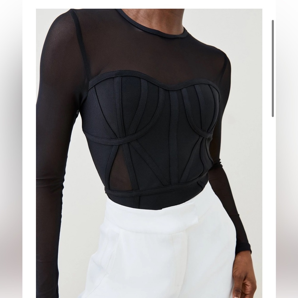 Karen Millen Black Bandage Corset Mesh Detail Top. Size XS